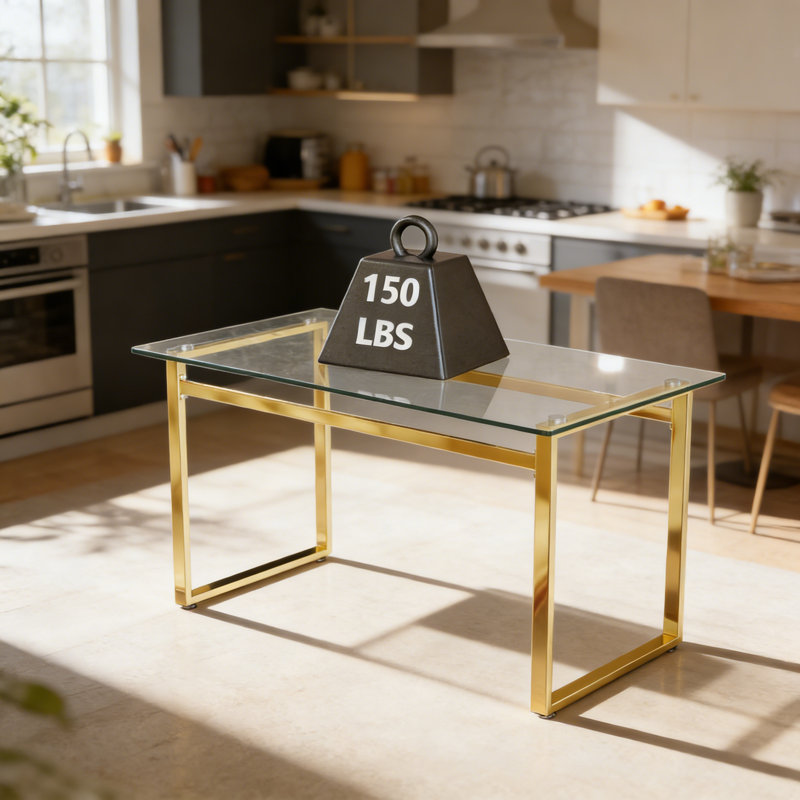 51" Modern Minimalist Rectangular Glass Dining Table for 4-6 with 0.31" Tempered Glass Tabletop and Metal Legs, Gold