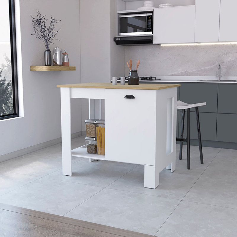 Îlot de cuisine 1 porte avec tablette ouverte blanc et Macadamia, îlot de cuisine