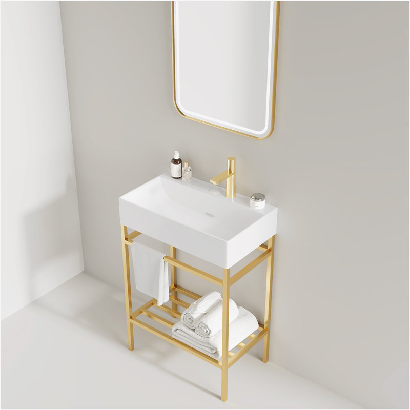 24" Bathroom Vanity with Ceramic Basin, Freestanding Bathroom Console Sink Set, Glossy White Rectangular Ceramic Basin without Faucet, Open Metal Leg, Storage Shelves, Gold