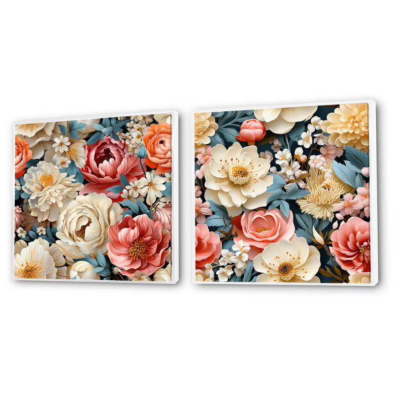 Spring Bouquet Botanical Pattern II - Floral Square Collage Set Of 2, White Floater Framed, 36" H x 73" W