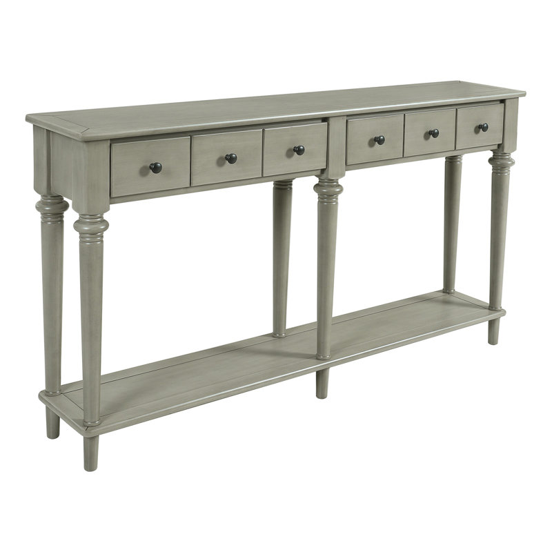 Table d'entrée rétro, gris délavé, 4 tiroirs, tablette ouverte, fabriquée en pin et console stable idéale pour les couloirs