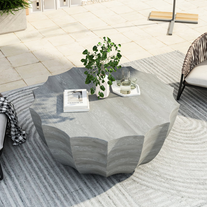 Table basse de 34,82 po en marbre blanc imperméable moderne, idéale pour les jardins et les cours, sans assemblage nécessaire, table ronde facile à entretenir en blanc, ciment, salons, supporte 220 lb