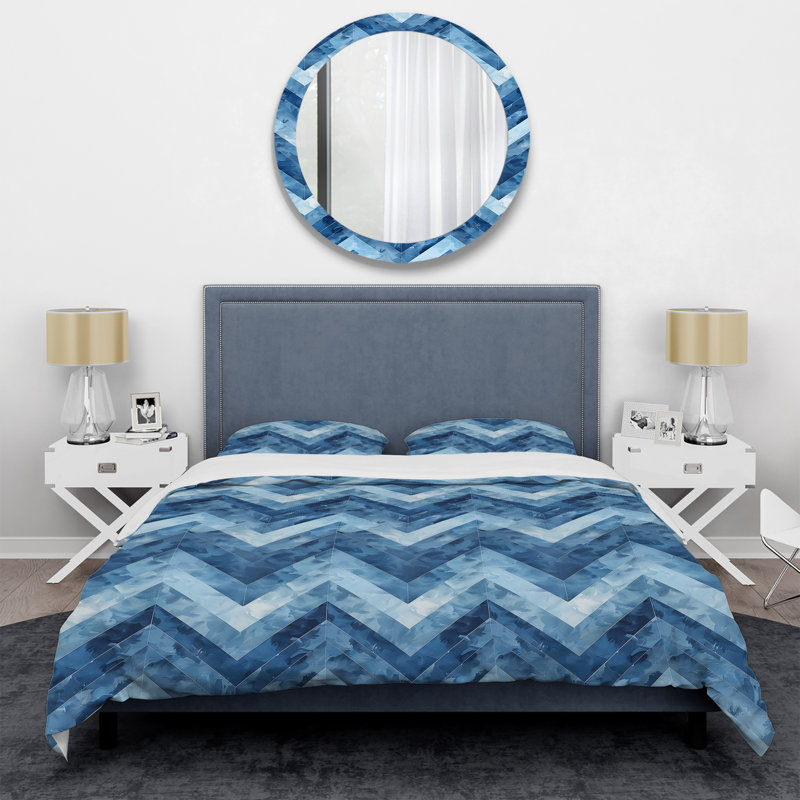 Ensemble de housse de couette moderne à motif de chevrons bleu et argenté Dreams III