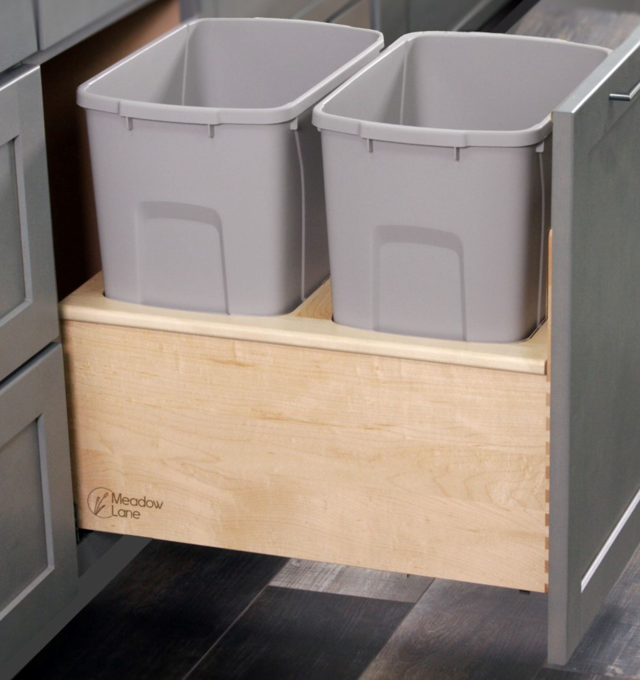 45 Quart Double Bins, Bottom Mount Soft Close Pull Out Trash Can Wooden Drawer Couver