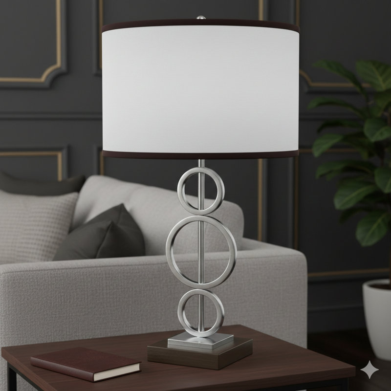 Grande lampe de table en métal de 29 pouces au fini argenté, avec un anneau distinctif et un abat-jour rond blanc