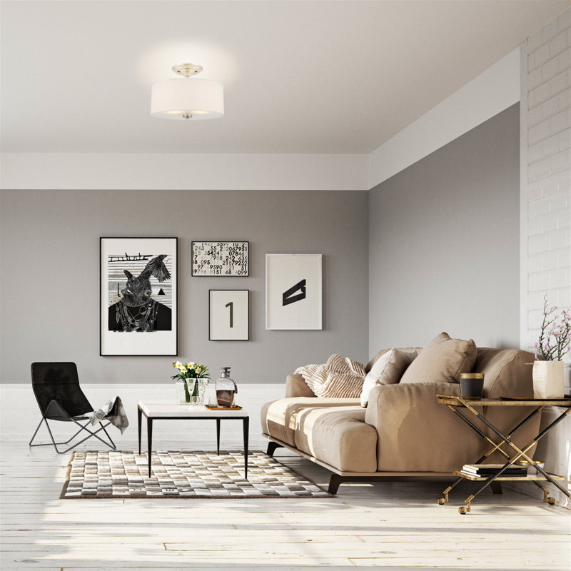 Plafonnier semi-encastré 2 lumières avec abat-jour tambour en tissu blanc cassé Brightman 13, finition nickel brossé