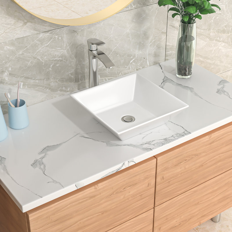 16" x 16" Square Bathroom Sink White Ceramic Bathroom Vessel Sink Above Counter Ceramic Vessel Sink