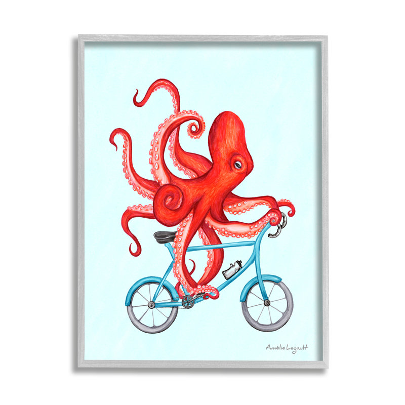 Tentacules de pieuvre rouge à vélo bleu, giclée, ensemble d'art texturé par Amelie Legault, L 11 po x H 14 po