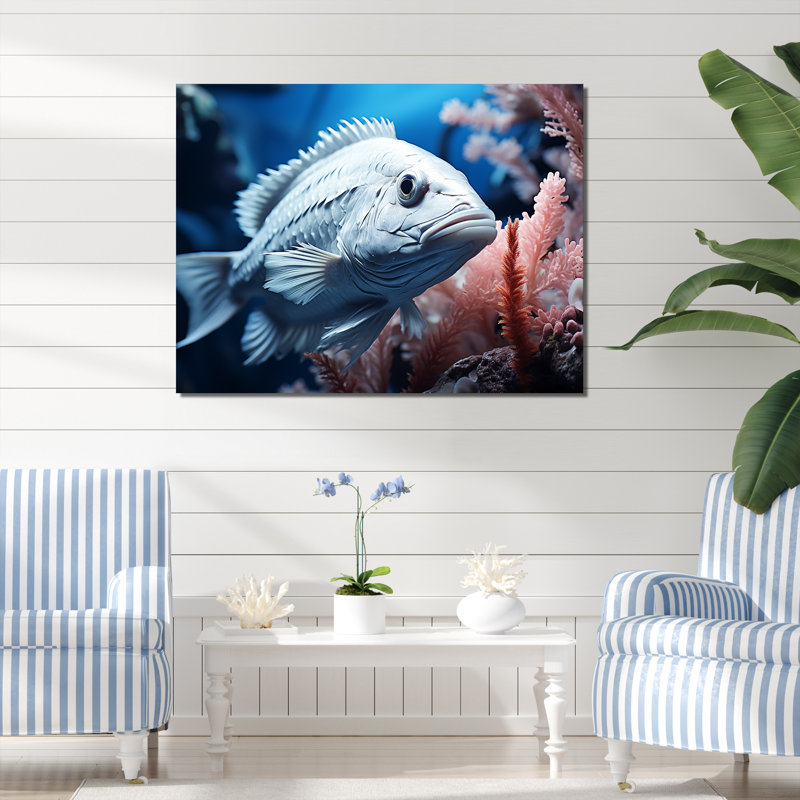 «Blue Fish Hiding in Coral», reproduction sur toile, Toile tendue, H 34 po x l 44 po x P 1,5 po