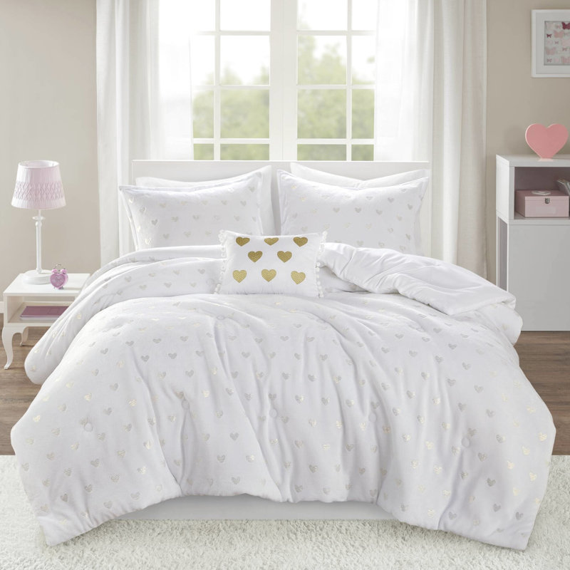 4 pièces grand édredon cœur blanc / doré métallique, rembourrage en microfibre douce, imprimé blanc / or sécuritaire sur la peau, revers en microfibre, - peau, preuve