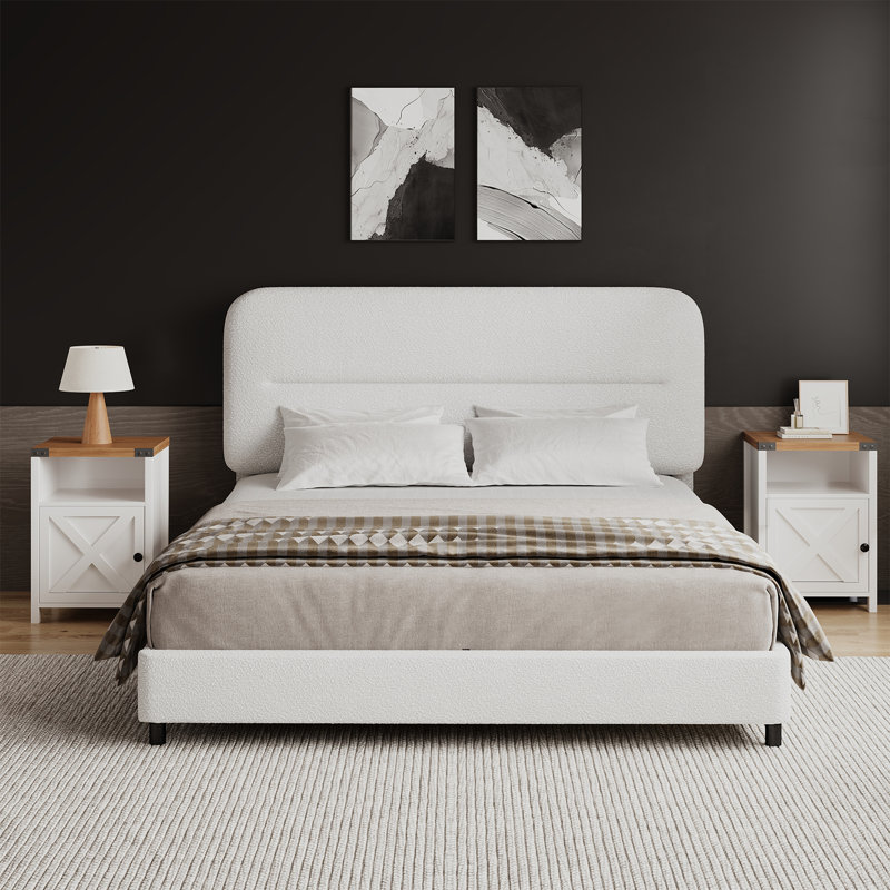 3 Piece Upholstered Bedroom Set,Bed Frame With Set Of 2 Nightstands, Full, White/White