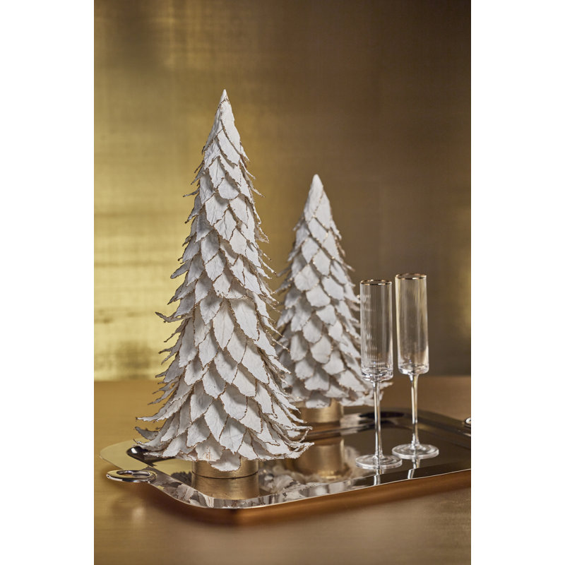 Arbre de Noël blanc à feuilles naturelles avec plateau doré, H 22 po x l 10,25 po x P 10,25 po
