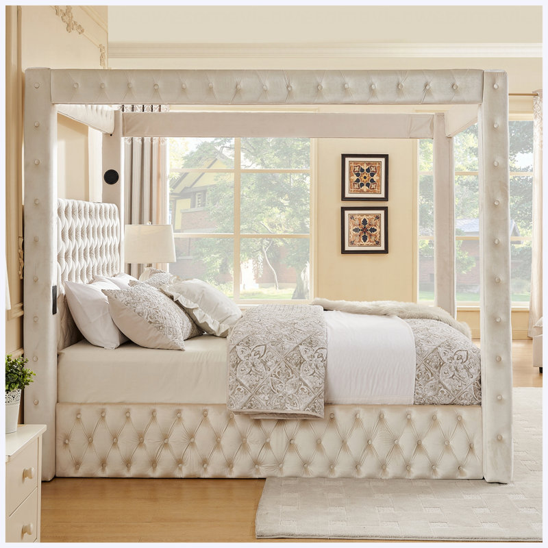 Lit à baldaquin en velours Queen avec haut-parleurs Bluetooth et ports de chargement USB, beige