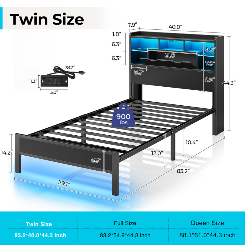 Zohreh Metal Bookcase Storage Bed with RGB LED Lights and Charging Station, Twin/Single
