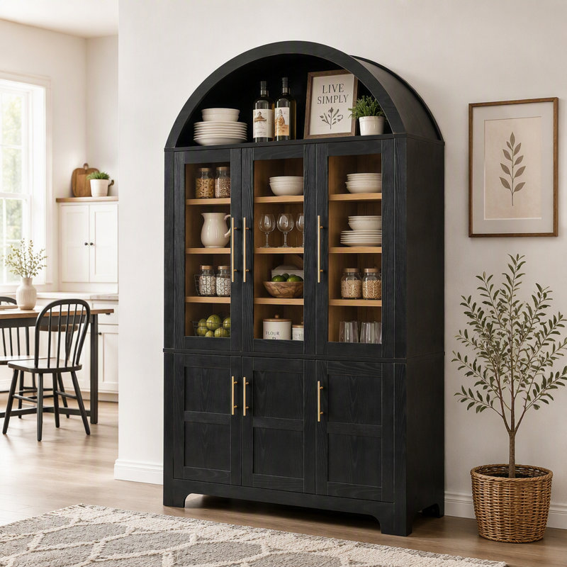 Armoire de cuisine haute de style champêtre avec 3 portes vitrées, étagères de porte et étagères réglables, Black
