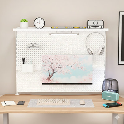Panneau perforé de bureau avec support pour écran unique, organisateur de panneau perforé en acier de 43 po x 35 po avec crochets et panneau mobile pour le jeu et le bureau, blanc