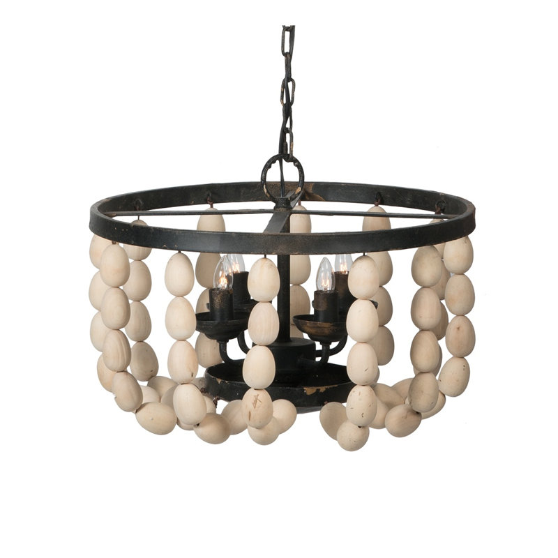 Lustre 4 lumières en bois crème avec hauteur réglable et luminaire suspendu rétro
