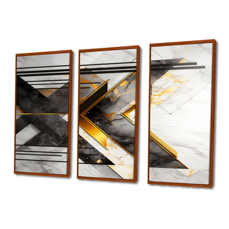 Chevron triangulaire doré - ensemble d'art mural géométrique, H 40 po x l 60 po x P 1 po, Cadre flottant brun