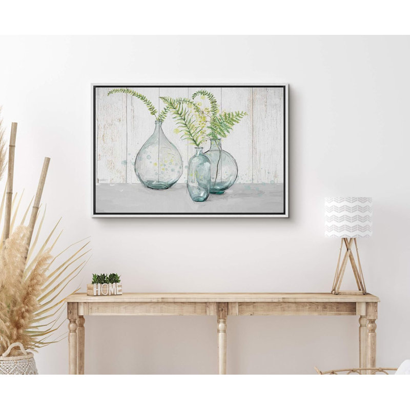 Bouteille d'eucalyptus en bouteille dans un vase en verre avec panneau en bois encadré sur toile, Blanc