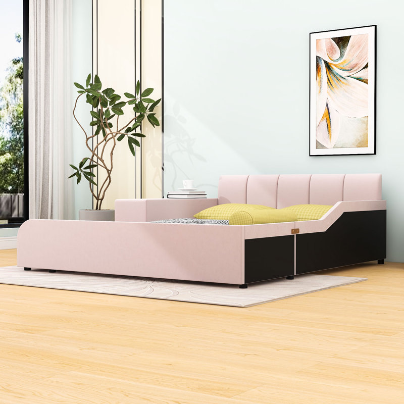 Lit tapissier Stelijana avec bureau de chevet et petit tabouret rond, Grand, Rose