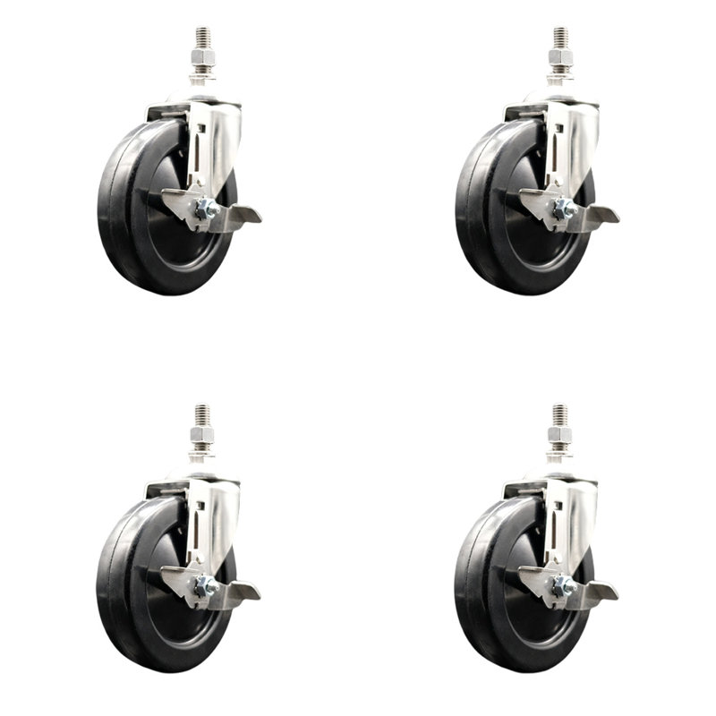 316SS Soft Rubber Wheel Swivel Threaded Stem Caster Set Brake
