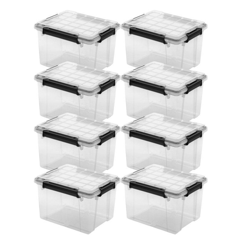 Sterilite 34 Qt Gasket Box, Stackable Storage Container with Lids, Black, 8 Pack