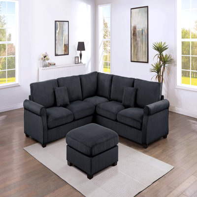 Ensemble de conversation modulaire 4 pièces avec repose-pieds de coin assorti et repose-pieds à accoudoir droit et gauche en velours côtelé revêtu de velours noir