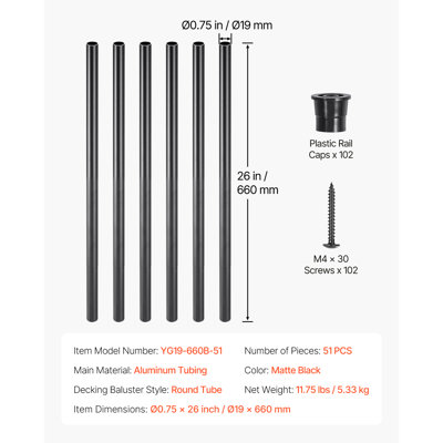Staircase Balusters 51 Pack, 26 In Aluminum Stair Balusters, 3/4 In Water-Proof Round Metal Spindle Railing, Hollow Deck Railing with Rail Caps & Screws for Stairs, Porch, Patio, Fence, Black