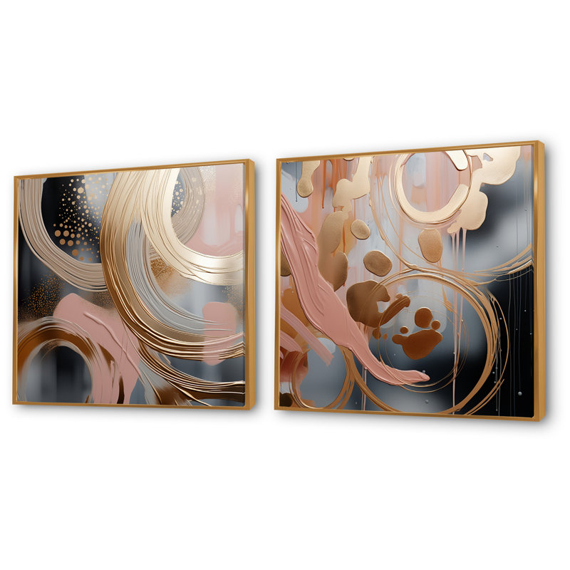 Abstrait, encre liquide rose et or, encre liquide I - formes abstraites, ensemble de 2 reproductions d'art mural