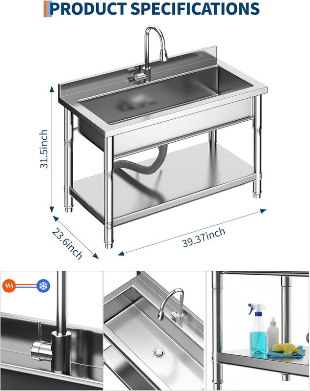 39.4" Stainless Steel Utility Sink, Free Standing Single Bowl with Pull‑Out Faucet for Kitchen, Laundry, Outdoor