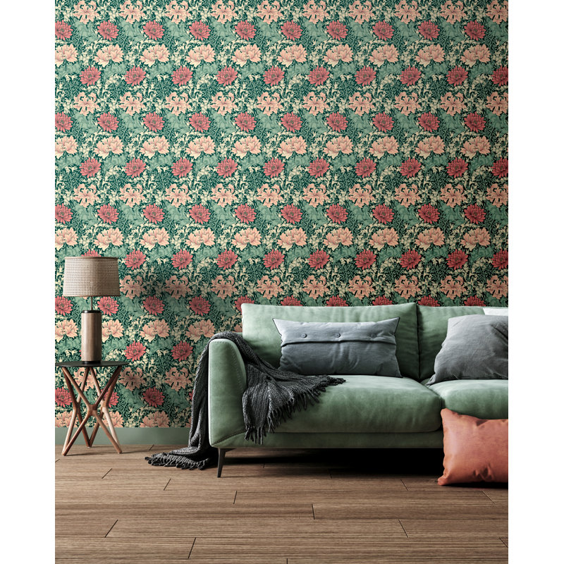 Padstow 10m x 50cm Matte Wallpaper Roll, Green/Pink
