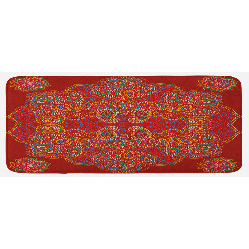 Tapis de cuisine à imprimé oriental rectangulaire bleu foncé et blanc brûlé à motif floral motif cachemire