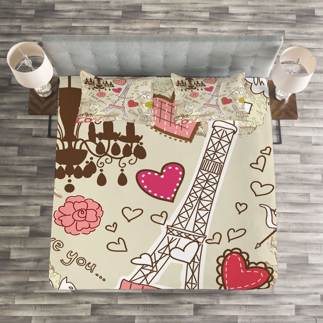 Tagesdecke Set, Doodle Eiffelturm Liebe, Frankreich, Beige Rosa