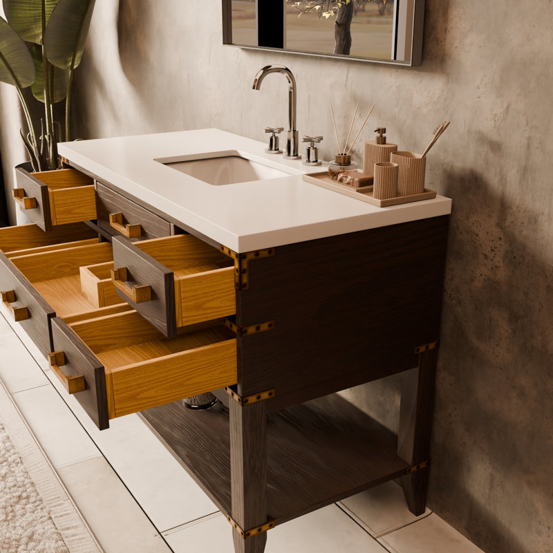 Ensemble de meuble-lavabo simple 48 po, Chêne brun, Marbre de culture blanc