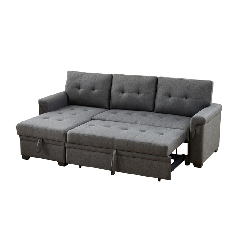 Canapé-lit modulaire réversible en lin avec méridienne avec rangement, Lin gris, Orienté à gauche (vu de face)