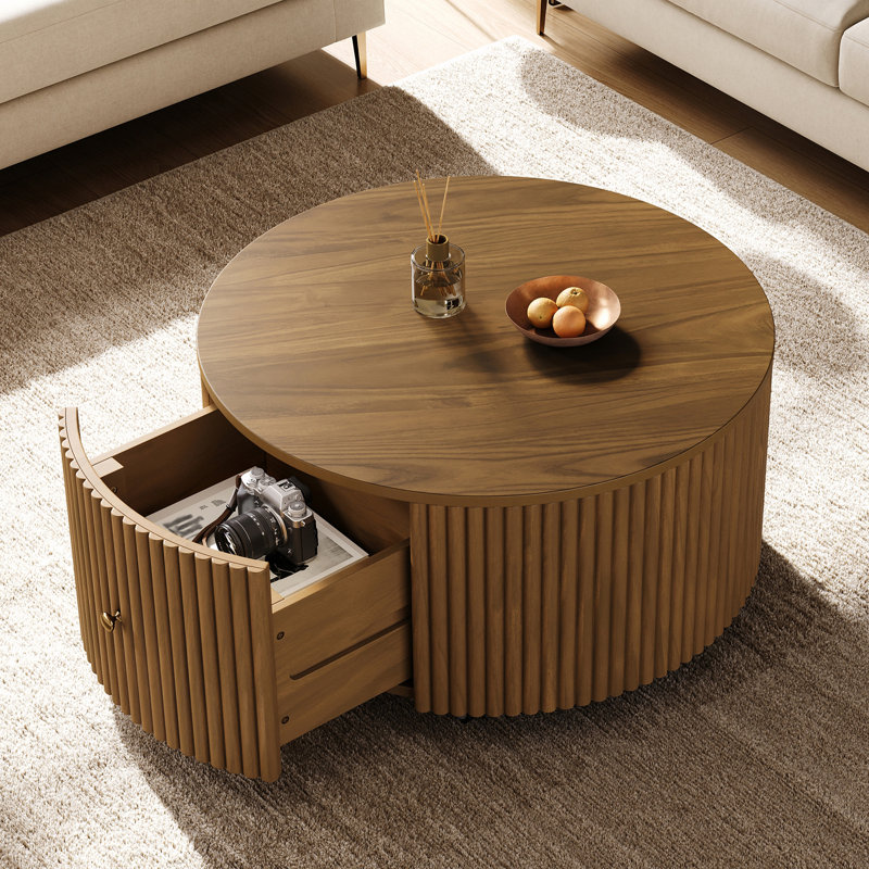 Table basse ronde avec tiroirs, H 16,8 po x l 30,3 po x P 30,3 po