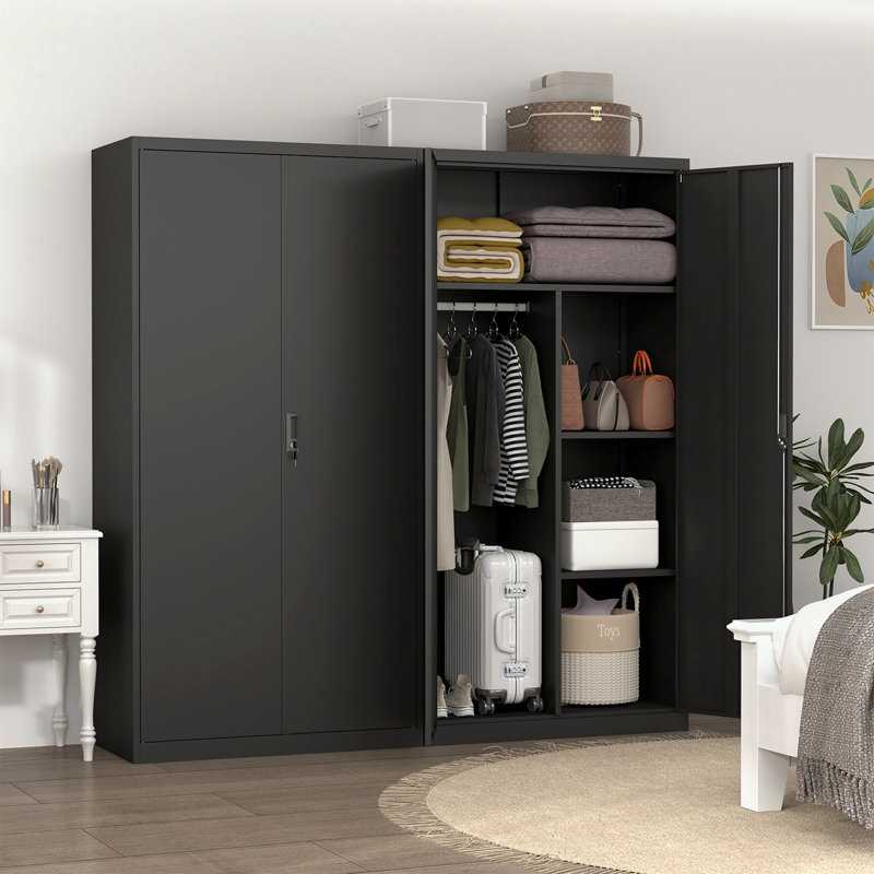 Armoire-penderie en métal avec tringle, tablettes réglables et portes