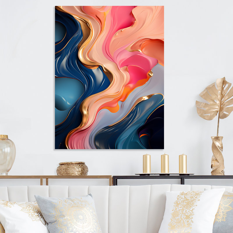 «Rose and Gold», encre liquide abstraite VI - encre liquide, art mural abstrait en métal, H 32 po x l 16 po x P 1 po