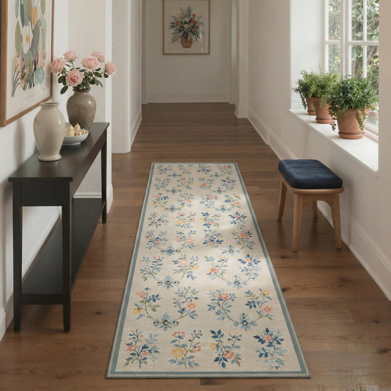 Verdura Floral Machine Washable Beige / Green / Blue Indoor Area Rug with Non-Slip Backing, Runner 2'6" x 8'