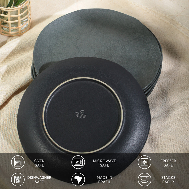 Black Ceramic Round Dinner Plates Set of 6, Microwave-Safe
