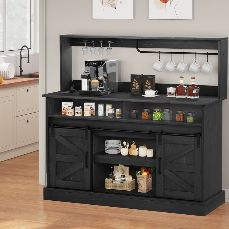Gracie Oaks 52" Wood Farmhouse Coffee Bar Sideboard Buffet Cabinet, Black