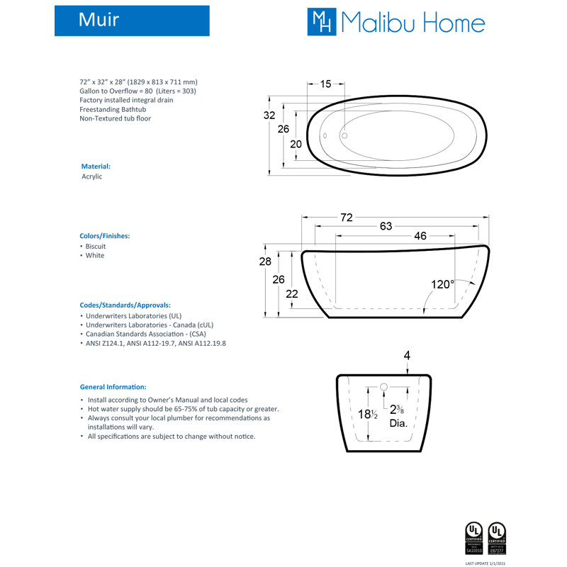 Muir 72" x 32" Freestanding Soaking Acrylic Bathtub, White