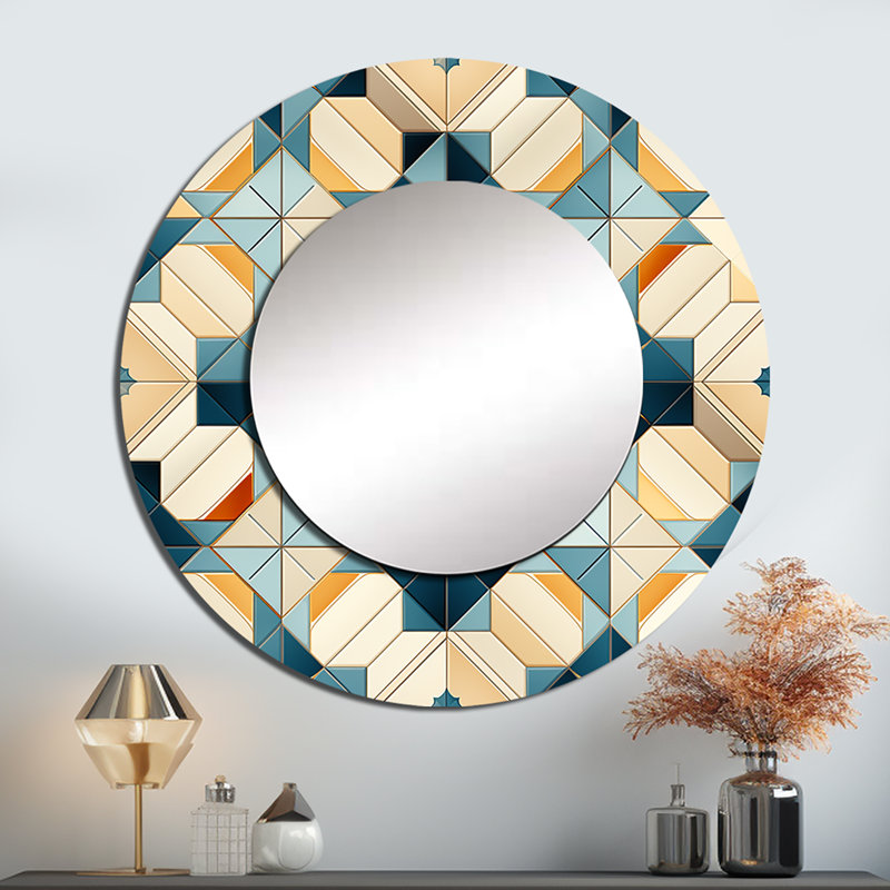 Rovenia Antique Beige And Blue Marrocan Tiles - Geometric  Unique Wall Mirror, Modern Round Mirror, Printed Metal Art