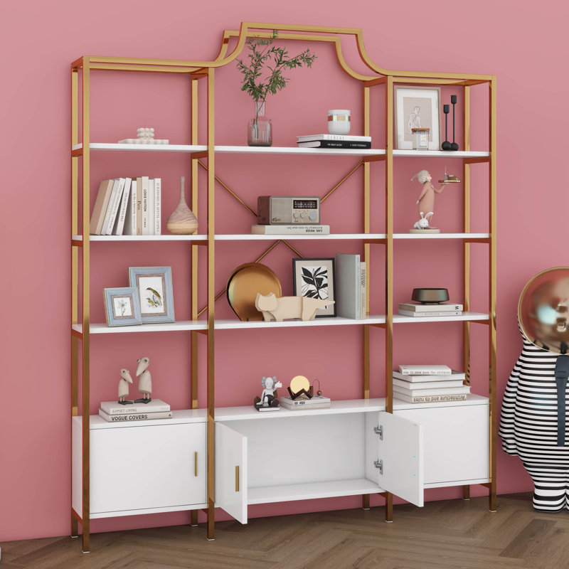4-Tier Bookcase Modern Open Bookshelf, Display Shelf Storage Organizer With Storage Cabinets & Back X Bar Gold Frame