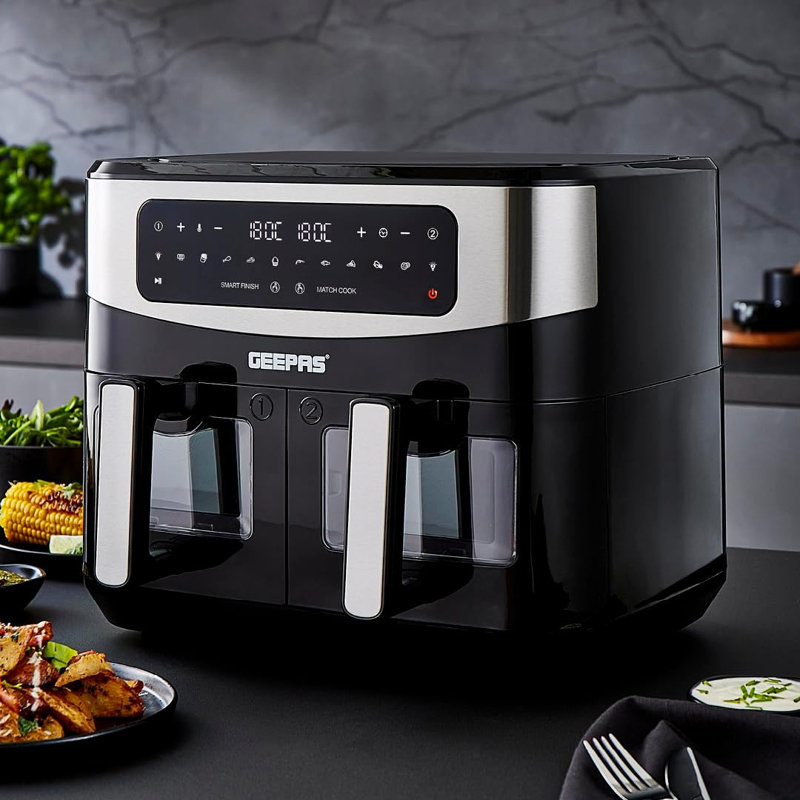 GEEPAS 1.7L Illuminating Electric Kettle 2 Slice Bread Toaster & 9L Dual Zone Air Fryer Kitchen Combo Set | 2200W Rapid Boil Cordless Jug Kettle | 900W Toaster | 9L XL Capacity, Oil Free Fryer