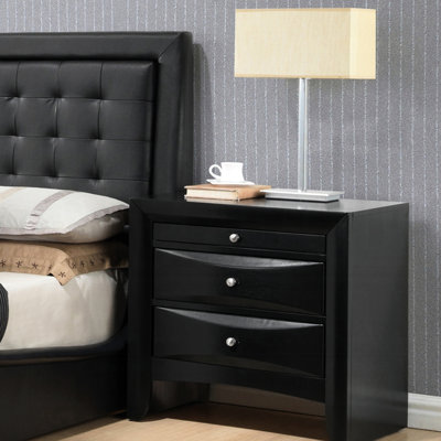Contemporary Black Nightstand With Two Drawers And Pull Out Tray, Modern Bedroom Furniture, Wood Composite Wood, 26"W X 17"D 25"H, Flared Square Legs, English Center Glides, Metal Beveled , Simple