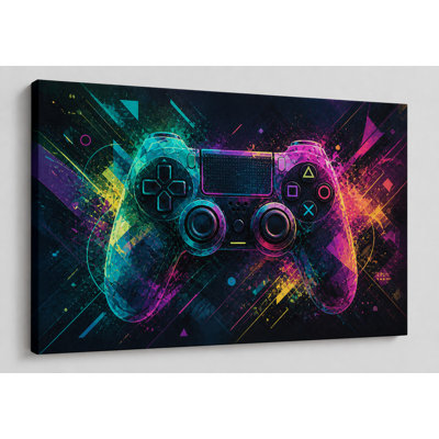 Grande console de jeu néon, art mural coloré abstrait, impression sur toile, console de jeu rétro, œuvre pour chambre à coucher, salle de jeu, bureau, fond vibrant, fond sombre, 24 x 36 pouces, prêt à être accroché