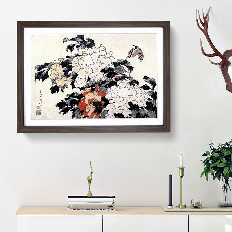 Peonies & Butterfly by Katsushika Hokusai - Picture Frame Painting Print, Walnut Framed, 27cm H x 36cm W x 2cm D