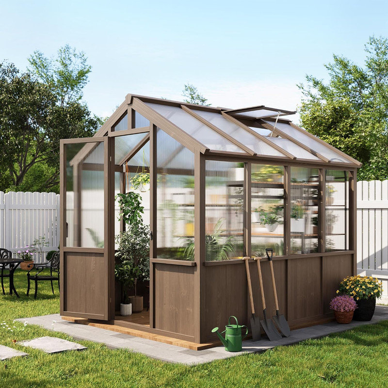 6x8 FT Large Wooden Greenhouse, Heavy Duty Spruce Frame with PC Panels, Adjustable Roof Vents & Lockable Door for Garden