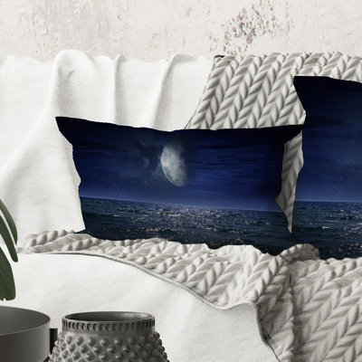 Rectangle,Full Moon Over Dark Ocean At Night - Nautical & Coastal Printed Throw Pillow